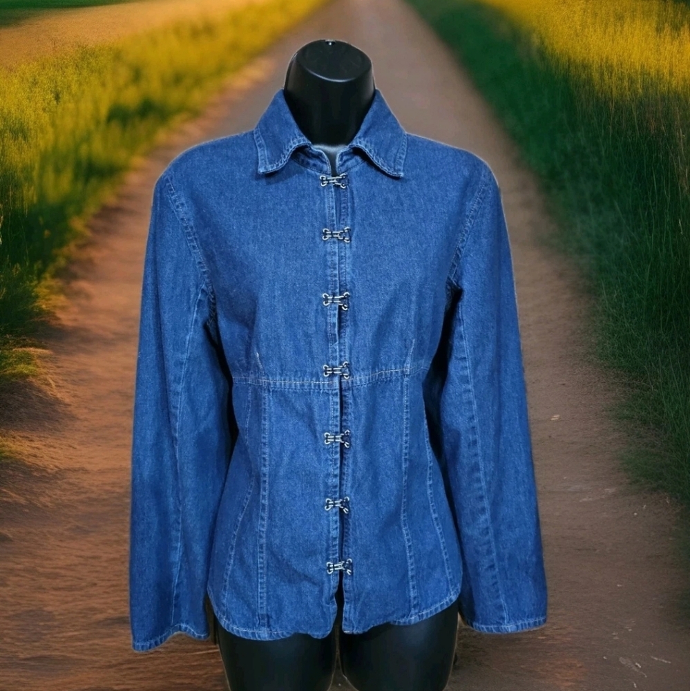 Vintage Forenza Denim Shirt Ladies Size 10 Large Hook & Eye Closure EUC